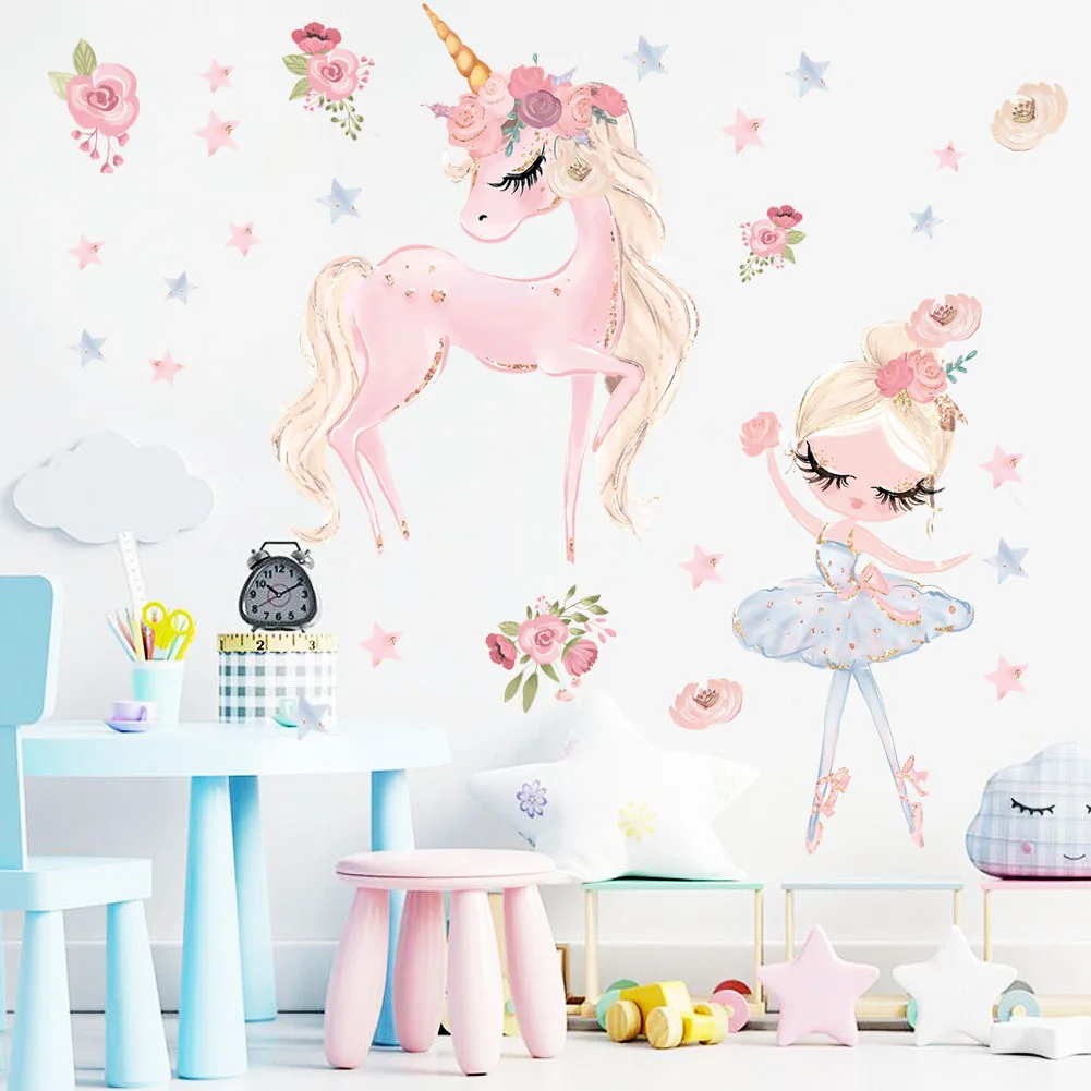 Autocollants Muraux Roses pour Chambre d\'Enfant, Décoration de Chambre de Bébé Fille, Papier Peint Animal de Dessin Animé, Nairobi, Orn, Étoile,