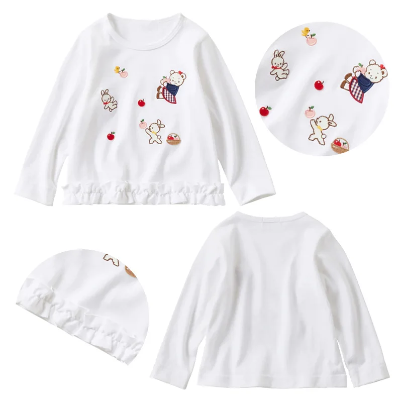 

Семейная однотонная простая базовая рубашка в японском стиле, кружевная футболка с длинными рукавами и вышивкой медведя и кролика для девочек