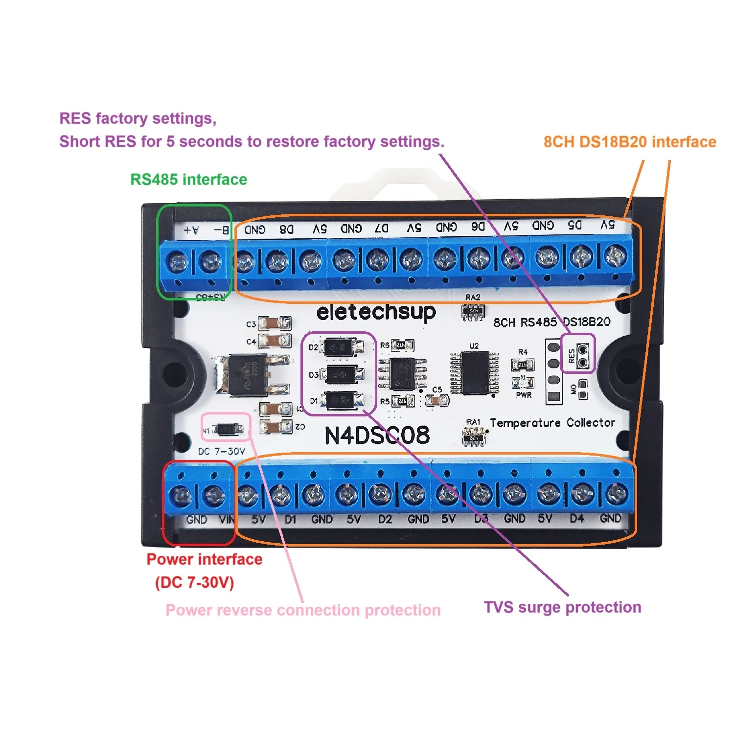 8-Way DS18B20 Digital Temperature Sensor Modbus RS485 Analog IO Module Recorder Board