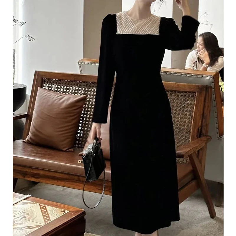 Autumn Winter O Neck Patchwork Elegant Fashion Robe Female Long Sleeve Temperament Black Dress Ladies Vestido Women\'s Clothing