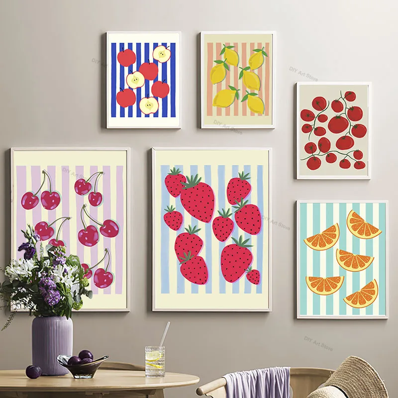 Strawberry Cherry Orange Lemon Apple Wall Art Canvas Painting Fruit Market Posters And Prints Restaurant Kitchen Room Home De