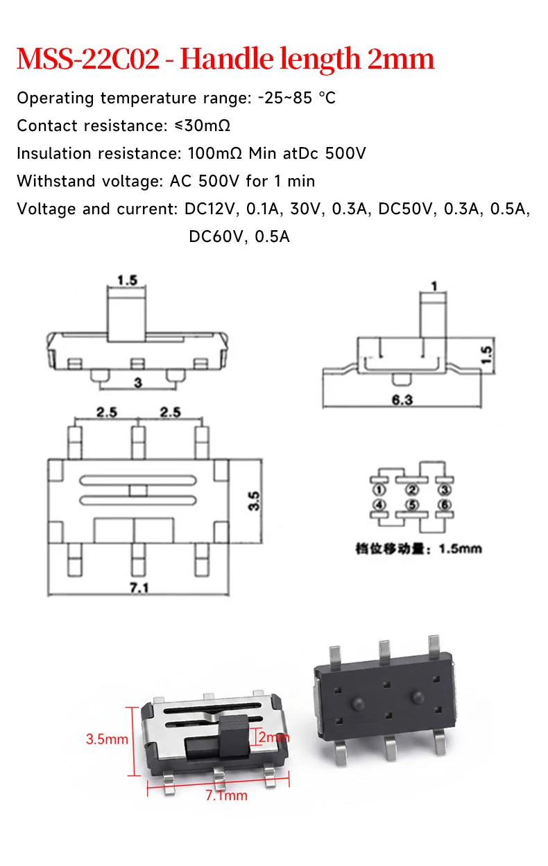 5 Stück 2mm langer Oberflächenmontage-Kippschalter, 6-polig, 2-Positionen, Miniatur-Oberflächenmontageschalter für Elektronik – Detail 1
