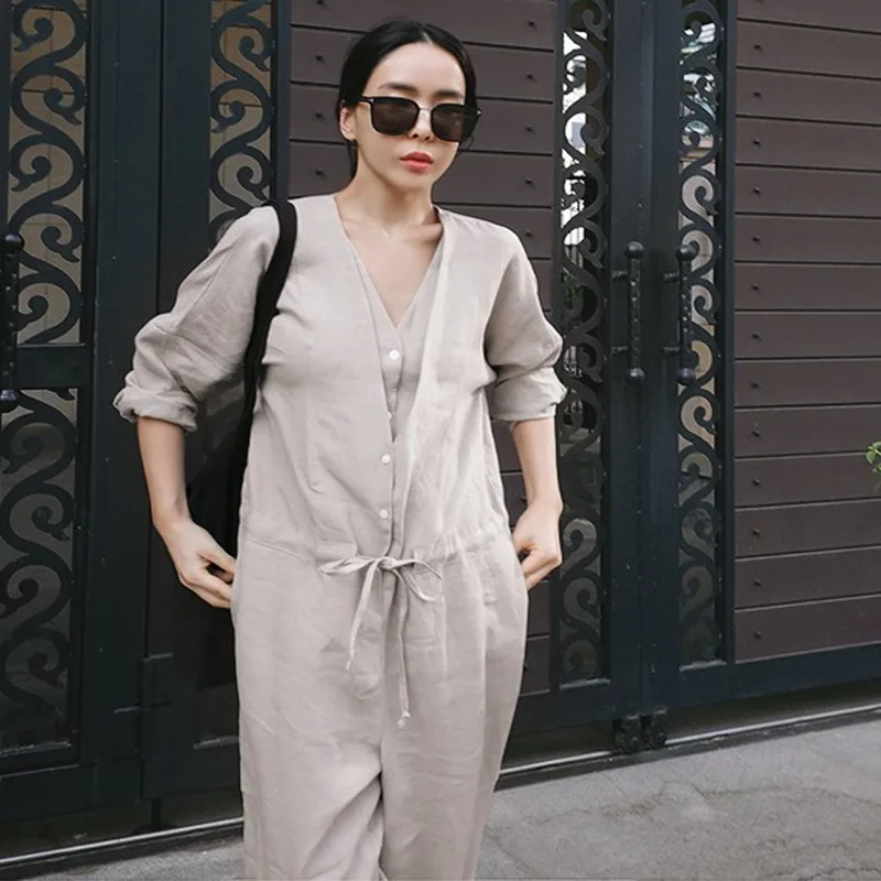 Johnature Korean Simple V-neck Women Jumpsuits 2025 Spring New Loose Button Ankle-length Female Bodysuits