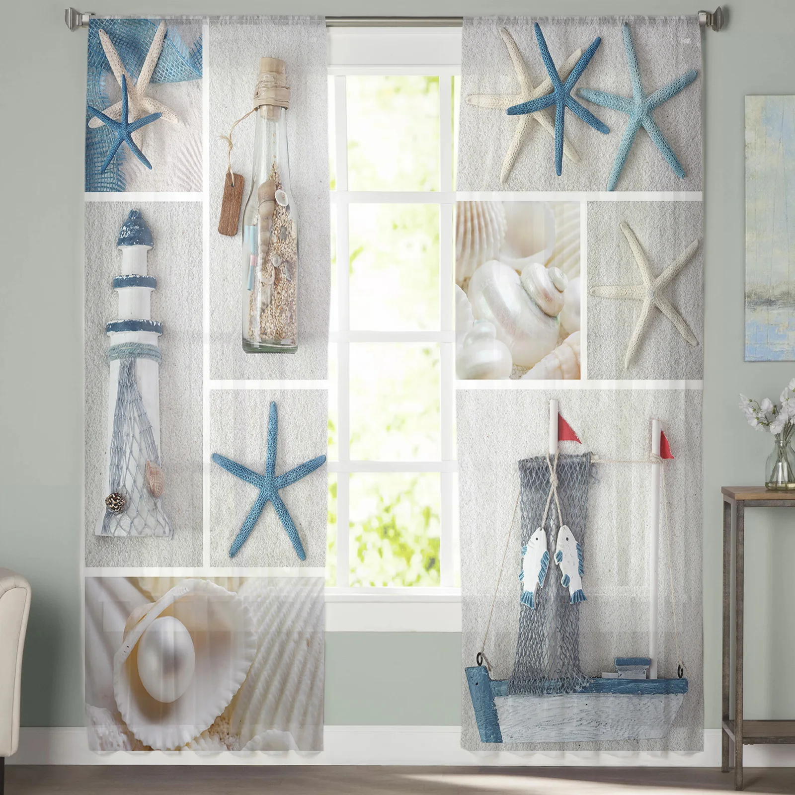 Mediterranean Lighthouse Starfish Sheer Curtains for Living Room Kitchen Tulle for Windows Voile Yarn Curtains for Bedroom