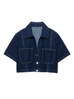 KUCLUT Women Fashion With Pockets Denim Blue Single Breasted Crop Blouse Vintage Lapel Neck Short Sleeves Female Lady Shirts