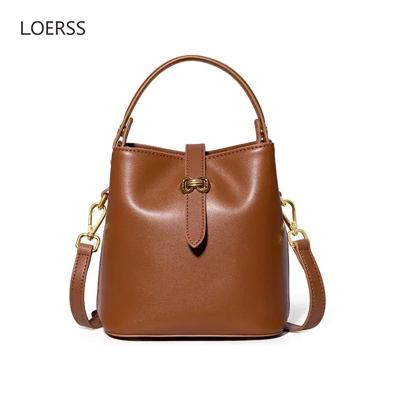 

LOERSS Women's Bucket Bag Popular Genuine Leather Crossbody Bag 2023 New Design Solid Color Large Capacity Premium Handbags