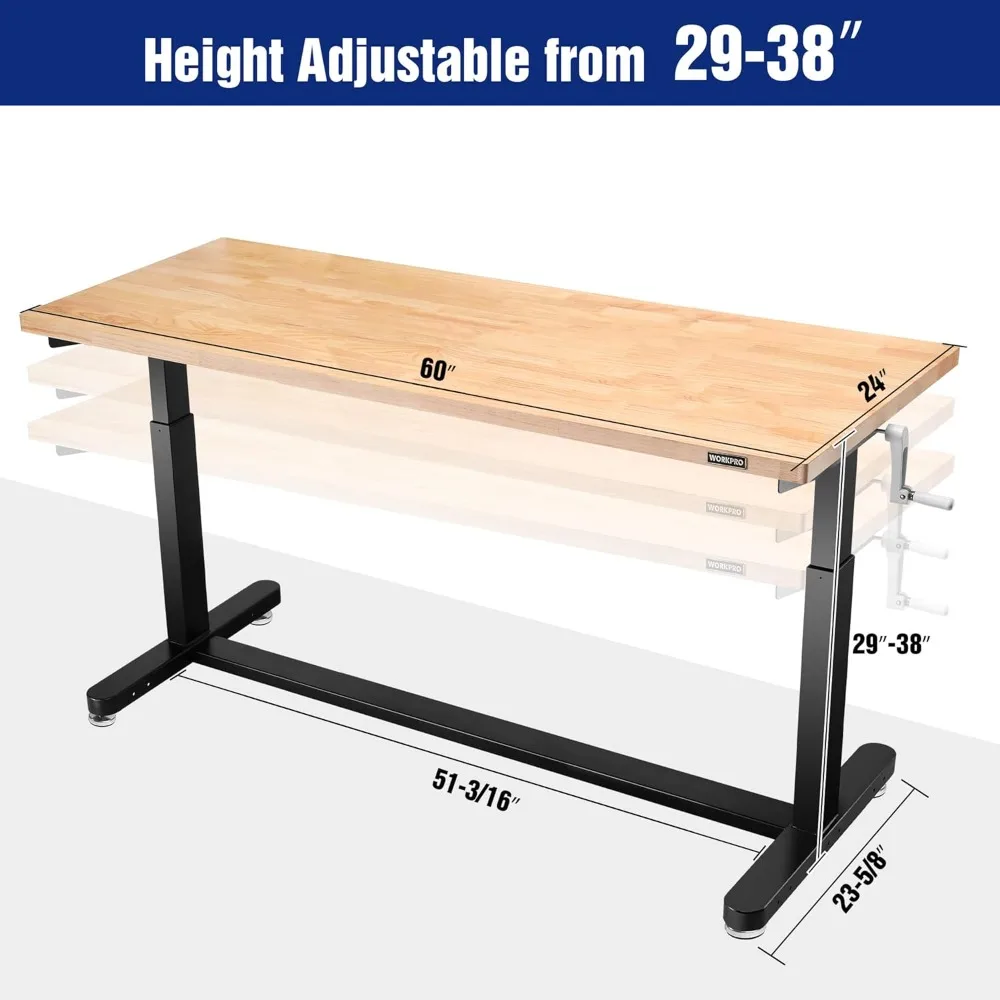 60” Height Adjustable Work Table with Crank Handle and Casters,60” x 24” Wooden Top Standing Desk Workbench,Heights from 29”-38”