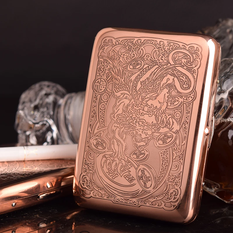 Retro Pink Gold Cigarette Case, Hand Carved, Pixiu Printing, Pressure Resistant Material, Men\'s Gift Accessories, 14-16Pcs