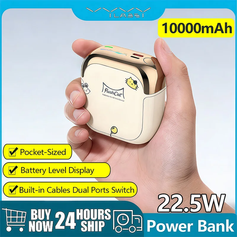 

Vyvylabs Mini 10000mAh Power Bank Battery Level Display 22.5W Fast Charging Built-in Cables Dual Ports Switch for iPhone Samsung