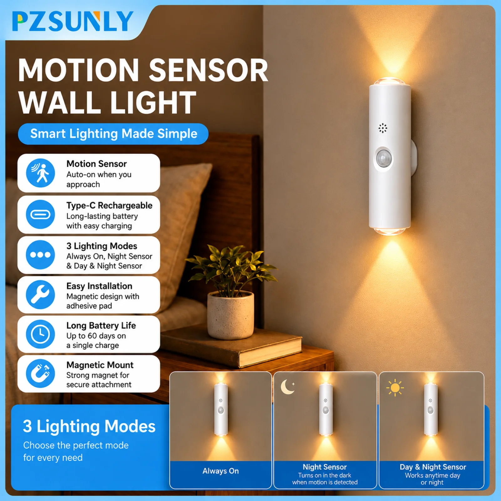 

RGB Motion Sensor Wall Light USB Rechargeable Magnetic Dimmable LED Night Light, 3 Lighting Modes for Stair Bedroom Hallway
