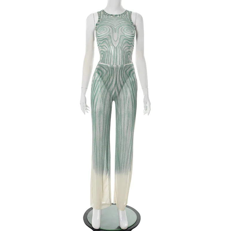 STILVOLLE DAME Geometrisch bedrucktes Sport-2-teiliges Set Damen Ärmelloser Body und Hosenanzüge mit weitem Bein 2025, Sommer-Sexy-Outfits