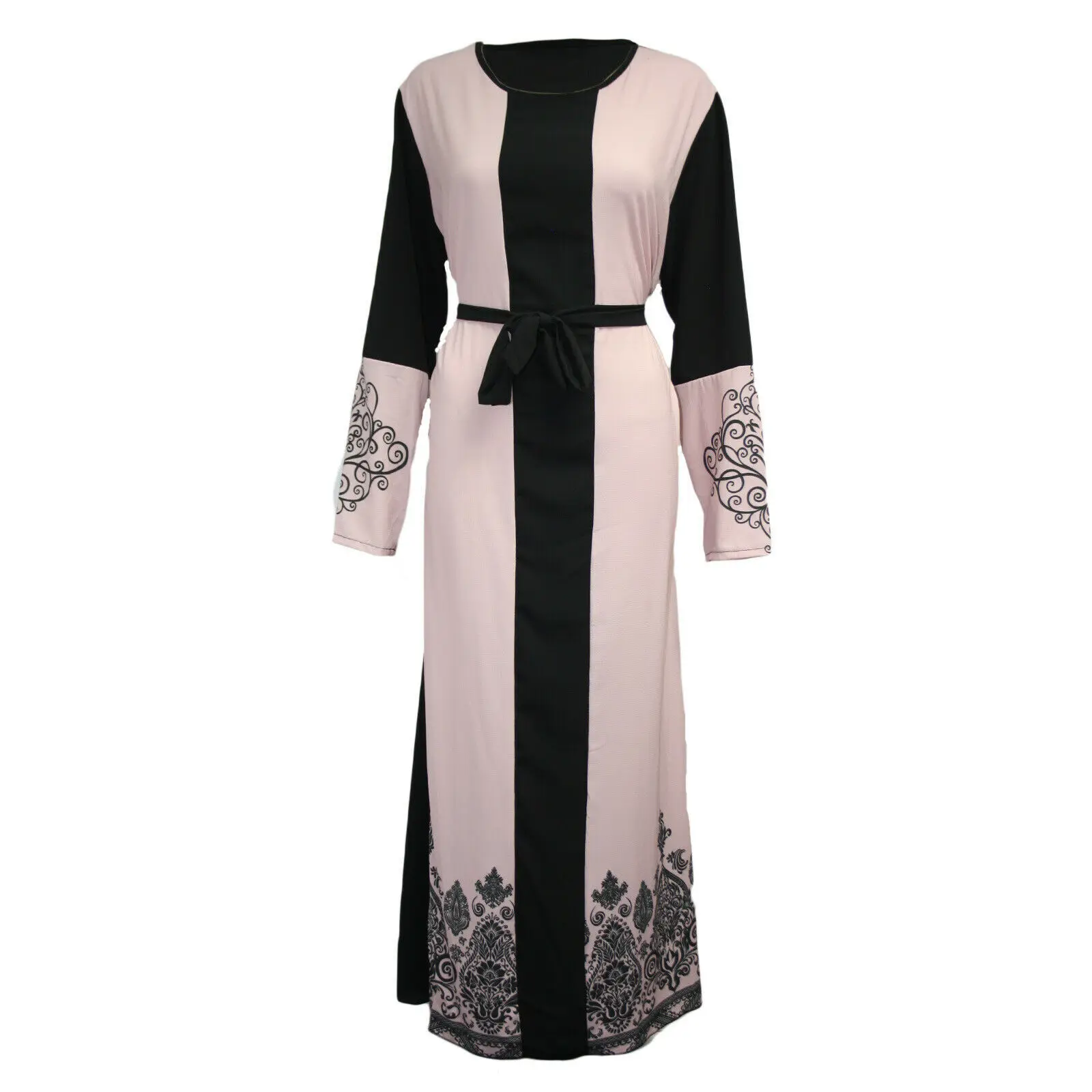 

Spring Summer Women Print Long Sleeve Patchwork Belted Dress Dresses Elegant Maxi Gown