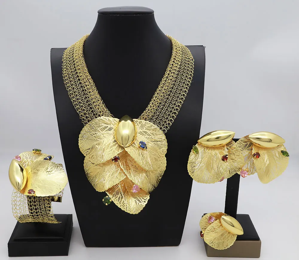 Dubai 18k Gold Plated Women Jewelry Set Colorful Leaf Pendant Created Stone Necklace Nigerian Wedding Bijoux Gold Jewelry Set