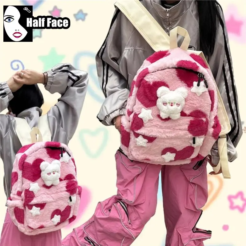 

Y2K Spicy Girls Harajuku Womens Gothic Knapsack Lolita Punk Rabbit Winter Backpacks Plush Bones Cute Two Shoulder Furry Bag Tote