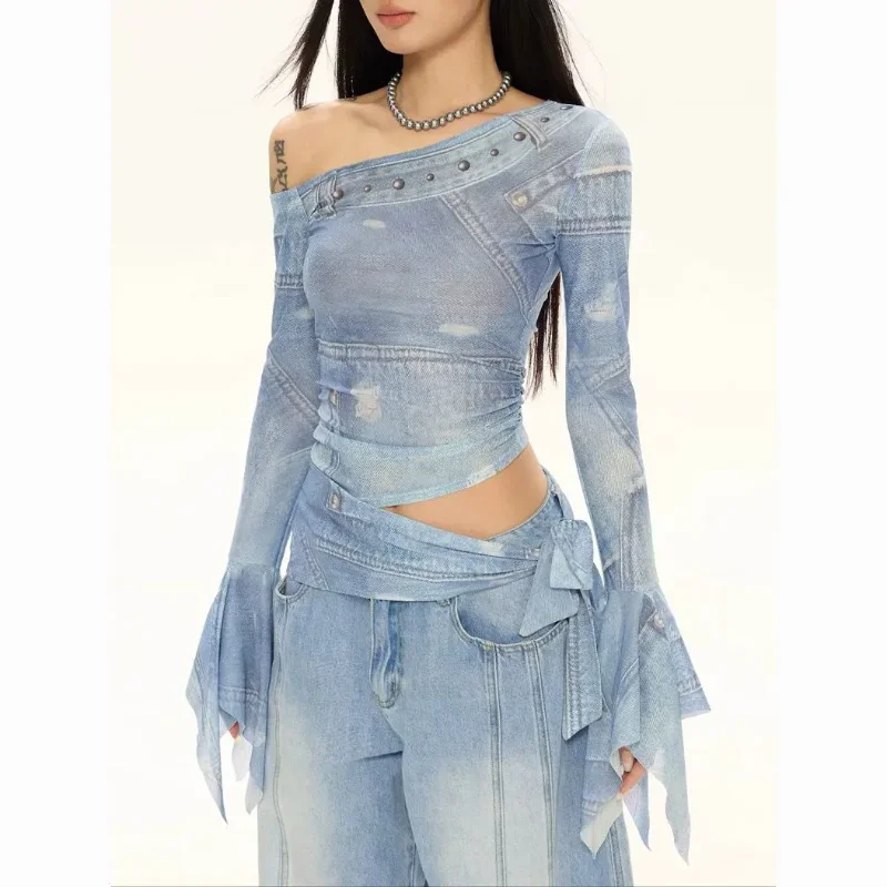 Women's Denim Cutout One-Shoulder Top Bell Sleeve Ruched Crop Top Y2K Streetwear Fashion