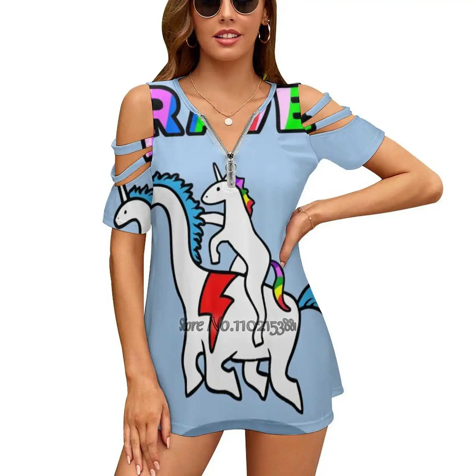 Al Rave! (Unicorn Riding Dinocorn) magliette con stampa di moda T-shirt con allacciatura a una spalla donna donna ragazze top e Tees