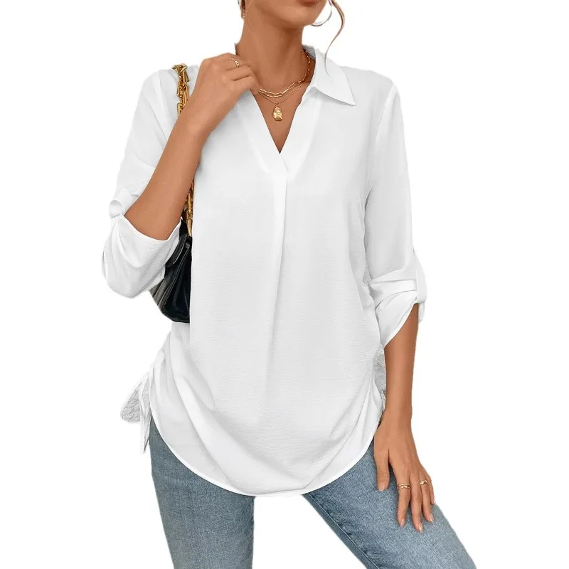 Women V Neck Drawstring Cover Up Shirt Loose Blouse Beach Vacation Solid Color Casual Tunic Tops