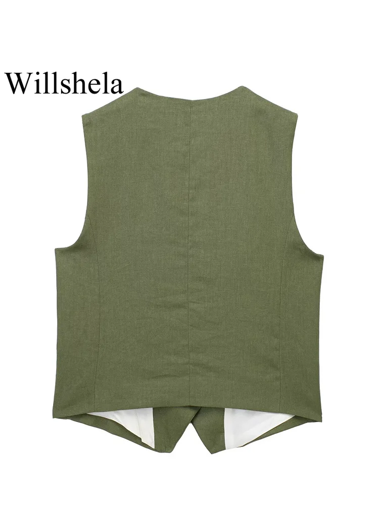 Willshela Women Fashion Green Single Breasted Waistcoats Vest Vintage Sleeveless Jackets Female Chic Lady Tank Tops