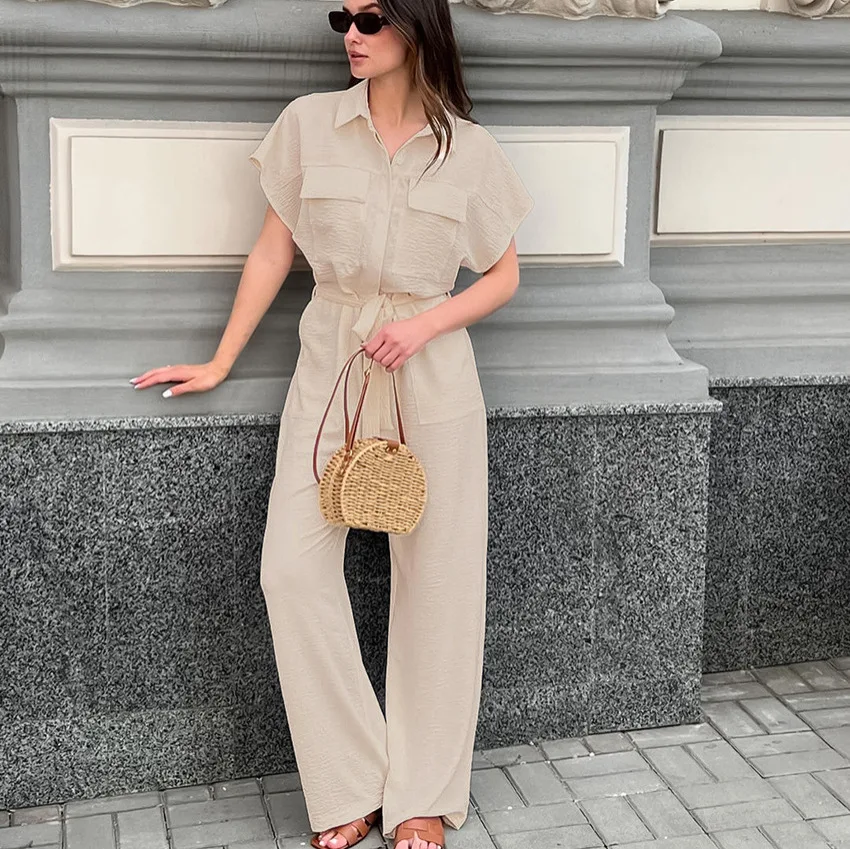 

Uoozee Women's Tie Waist Wide Leg Lapel Jumpsuit 2026 New Short Sleeves Solid Color Buttoned Pockets Casual One Piece Outfits