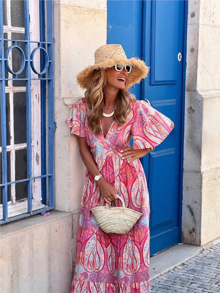 Sukienka w stylu boho z nadrukiem dla kobiet, modne rozkloszowane rękawy, dekolt w serek, wysoki stan, luźne sukienki, szata damska, codzienna sukienka na wakacje, vestidos, nowa odzież