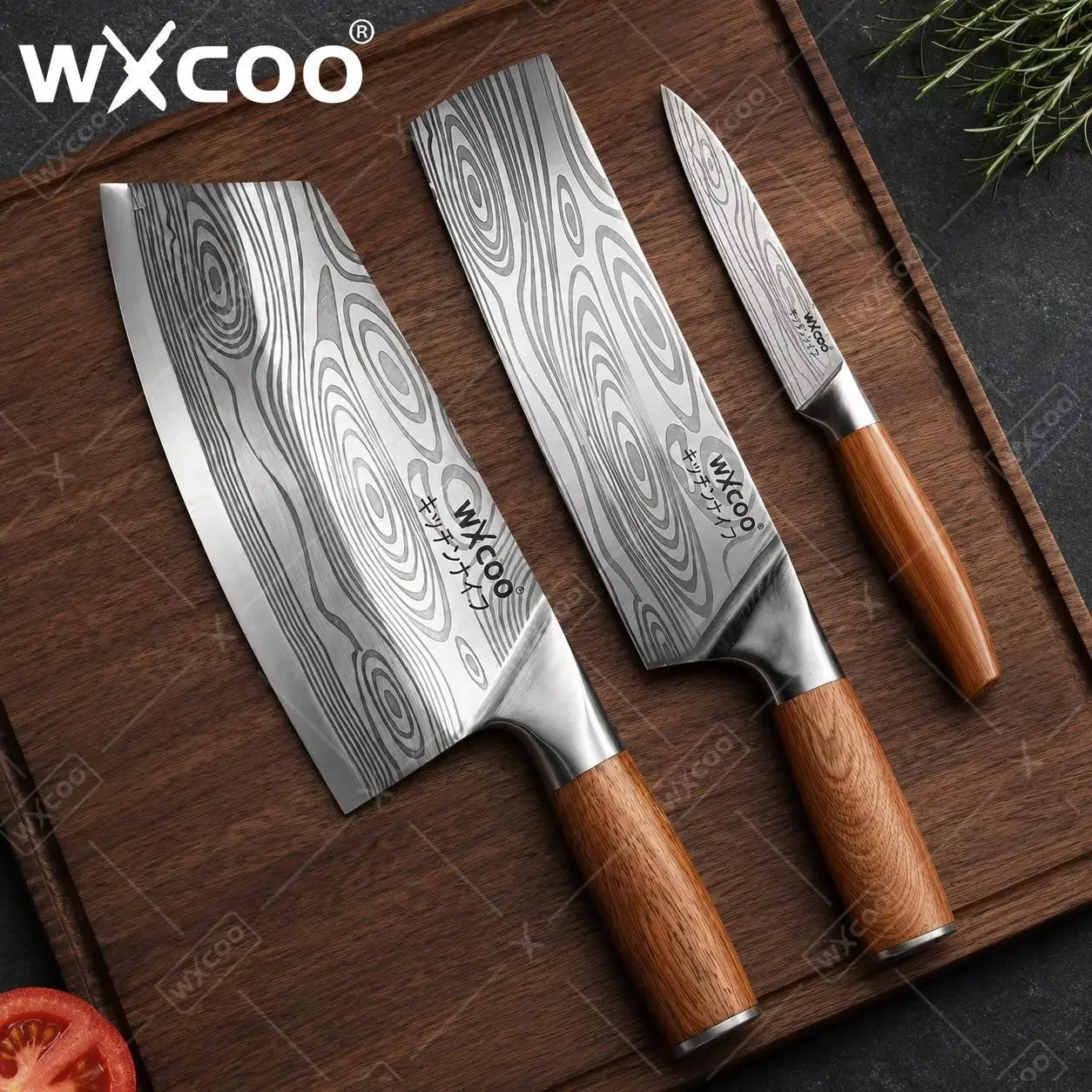 WXCOO Laser Damascus Pattern Stainless Steel Kitchen Chef Knife Wooden Handle Paring Knife Cleaver Meat Vegetable Cooking Tool