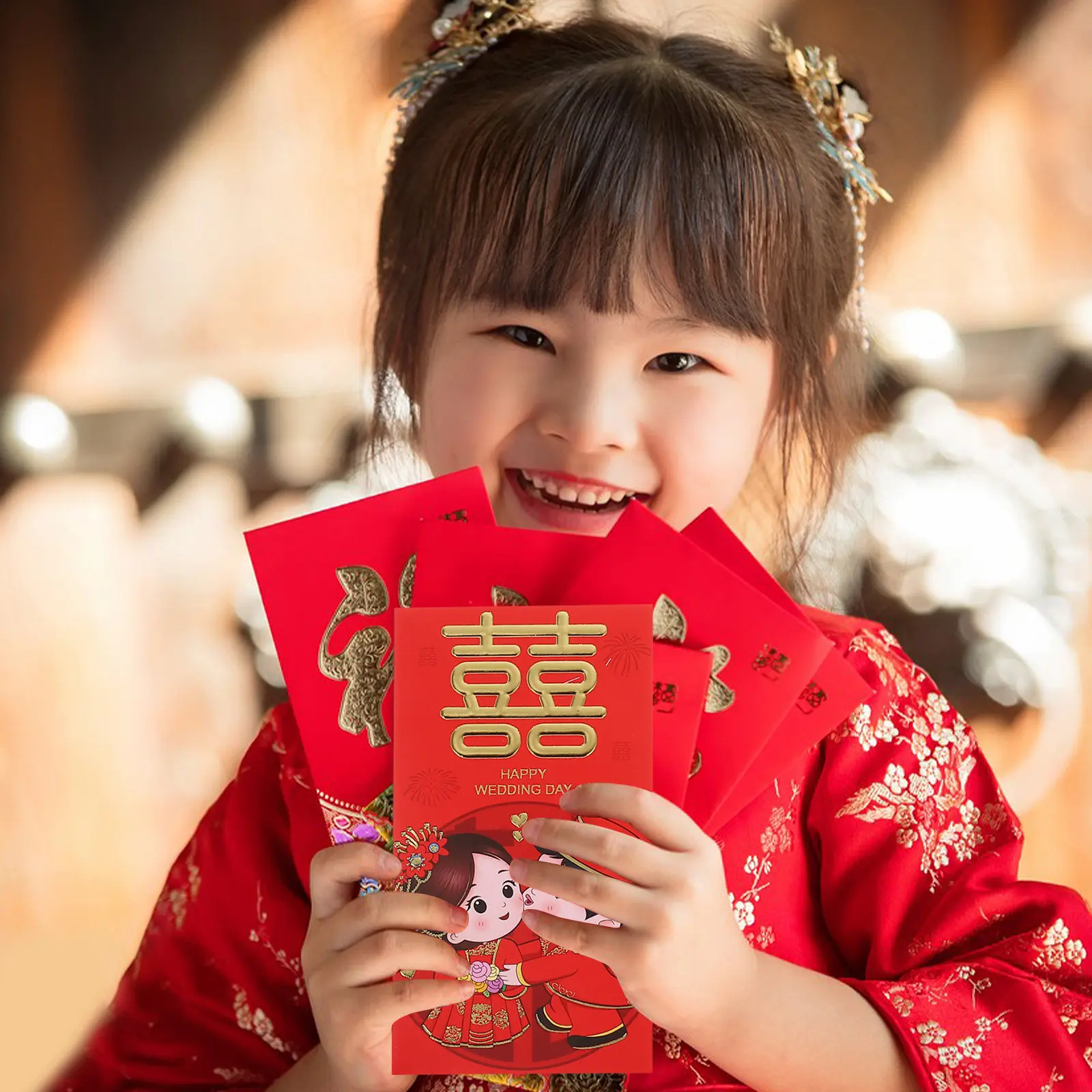 

Набор из 6 красных конвертов для китайской свадьбы, традиционные бумажные конверты для денег на удачу, с символом двойного счастья, большой размер, для жениха и невесты