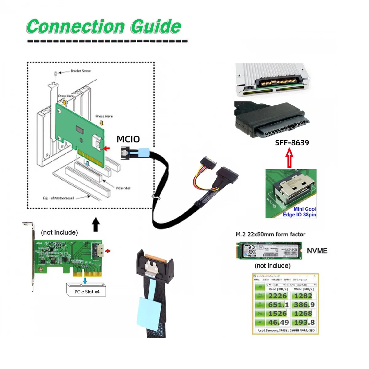 PCI-E Gen5 MCIO 4X 38Pin To SFF-8639 U.2 SSD Adapter Cable with SATA Power Supply 4l To SAS8639 U.2 with 15P SATA Power Cord