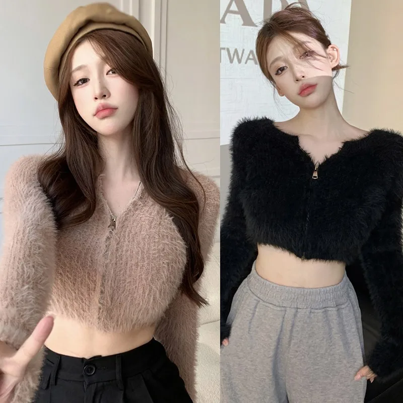 Autumn Winter Coat Women\'s Sweater Top Knitted Cardigan Plush Off Shoulder Short Style Gentleness Mink Solid Color Zipper Design