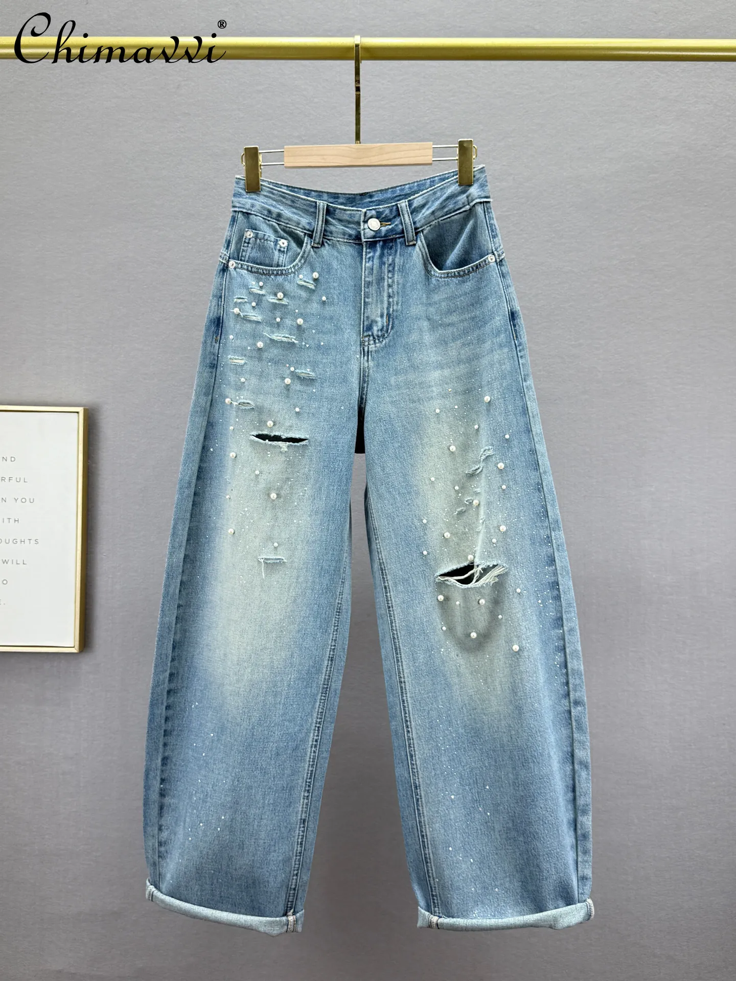 

Модные рваные джинсы для женщин, свободные брюки, новинка весны 2026, с высокой талией, утягивающие, в уличном стиле, с обильной вышивкой бисером, длинные брюки