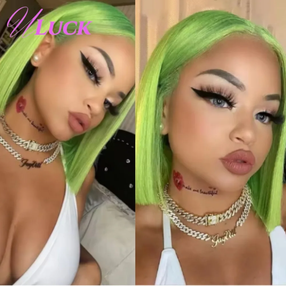 

Uluck Green Color Double Drawn Straight Bob Wig Brazilian 100% Human Hair Wigs 13x4 Lace Frontal Wig Pre Plucked For Black Women