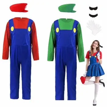 Anime Brothers Luigi Bros Cosplay Costume para crianças e adultos, presente de festa, chapéu, macacão barba, Halloween, jogo, festa, criança