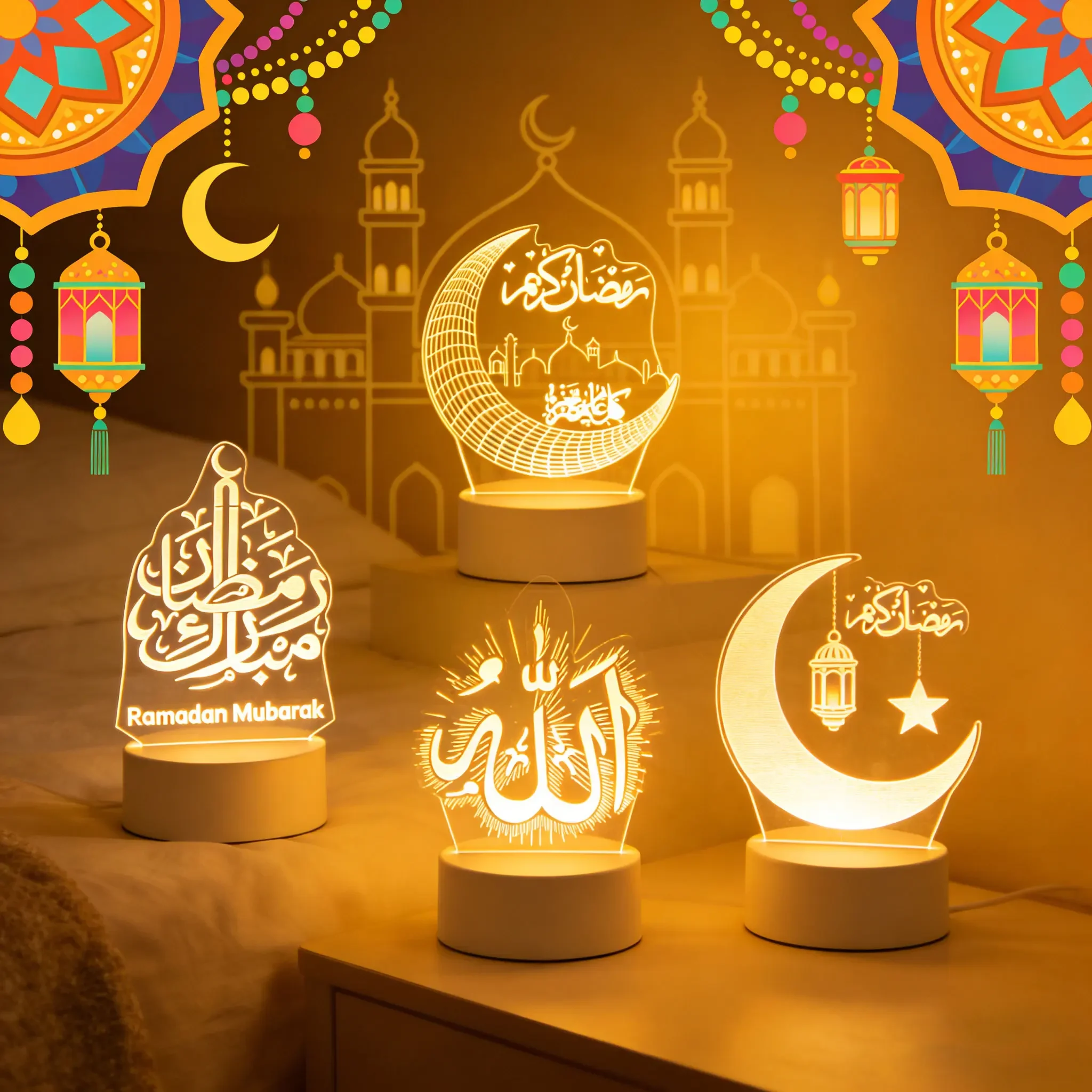 

USB Operated Bedroom Home Decor Muslim Ramadan Festival Supplies EID Mubarak Ornaments Neon Lamp 3D Acrylic LED Night Light