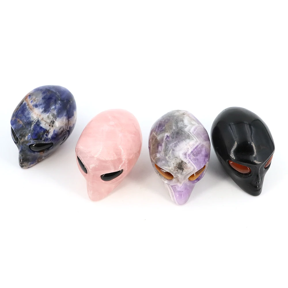 Alien Skull Statue Natural Stone Quartz Carved Gemstone Crafts For Halloween Gift Healing Crystal Home Decoration Children Gift