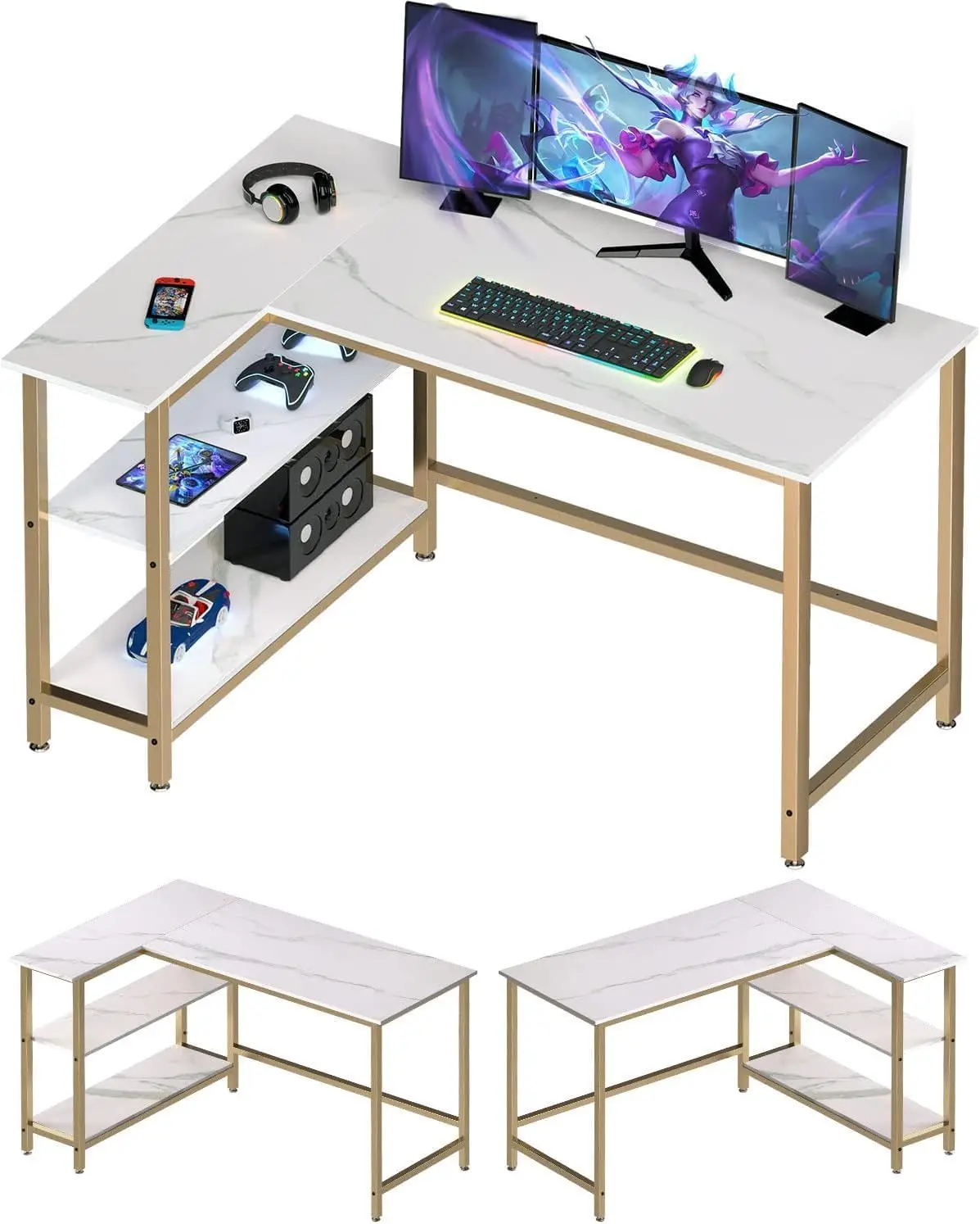 L Shaped Computer Desk - Home Office Desk with Shelf, Gaming Desk Corner Table for Work, Writing and Study, Space-Saving, White.