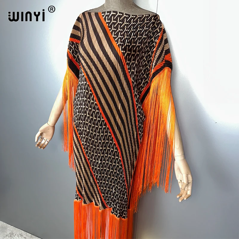 WINYI Summer Pleated Fringed maxi dress Women crumple kaftan Loose boho robe holiday Elegant evening dress abaya dubai luxury