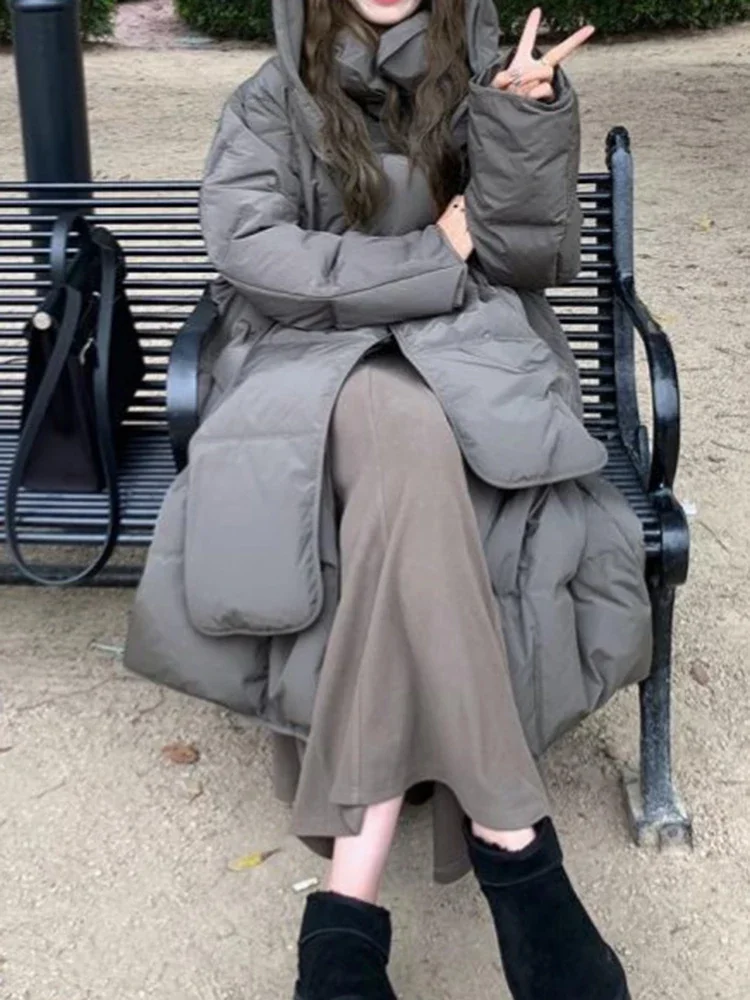 สีเทาParkasสําหรับผู้หญิงหลวมความร้อนจีบOuterwearฤดูใบไม้ร่วงฤดูหนาว2024ใหม่แฟชั่นแขนยาวหญิงHooded Coat Q67