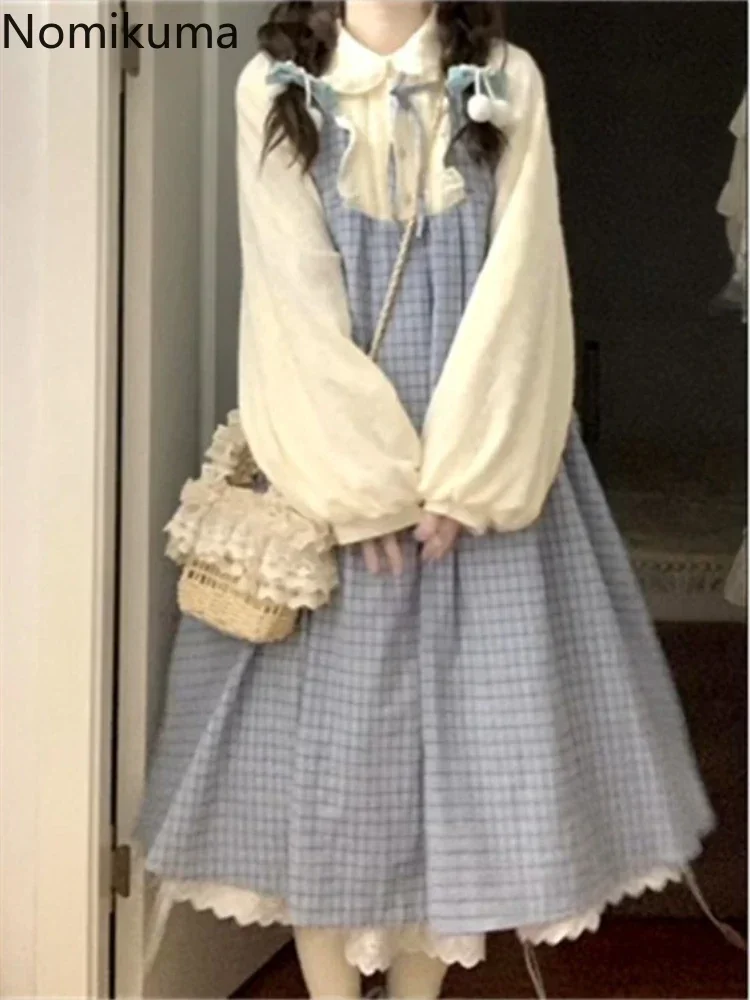 Japanese Woman Dresses Chic Fake Two Contrast Color Plaid Robe Femme 2024 Vestidos De Mujer Preppy Style Sweet Ruffles Dress