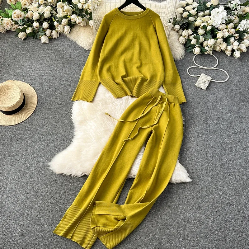 ITOOLIN Women Knitted Loose 2 Piece Long Sleeve Sets O-Neck Sweater and Wide Leg Pants Outfit Casual Office Set Autumn Winter