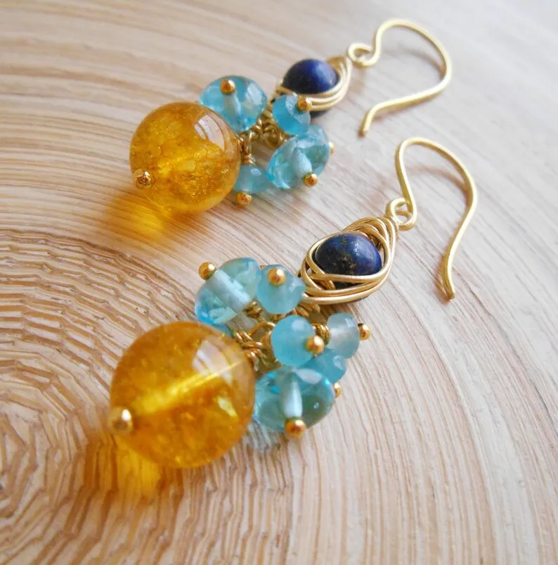 Roxanne gemstone cluster earrings yellow navy blue wire wrap dangle drop citrine lapis lazuli jade gold fill November