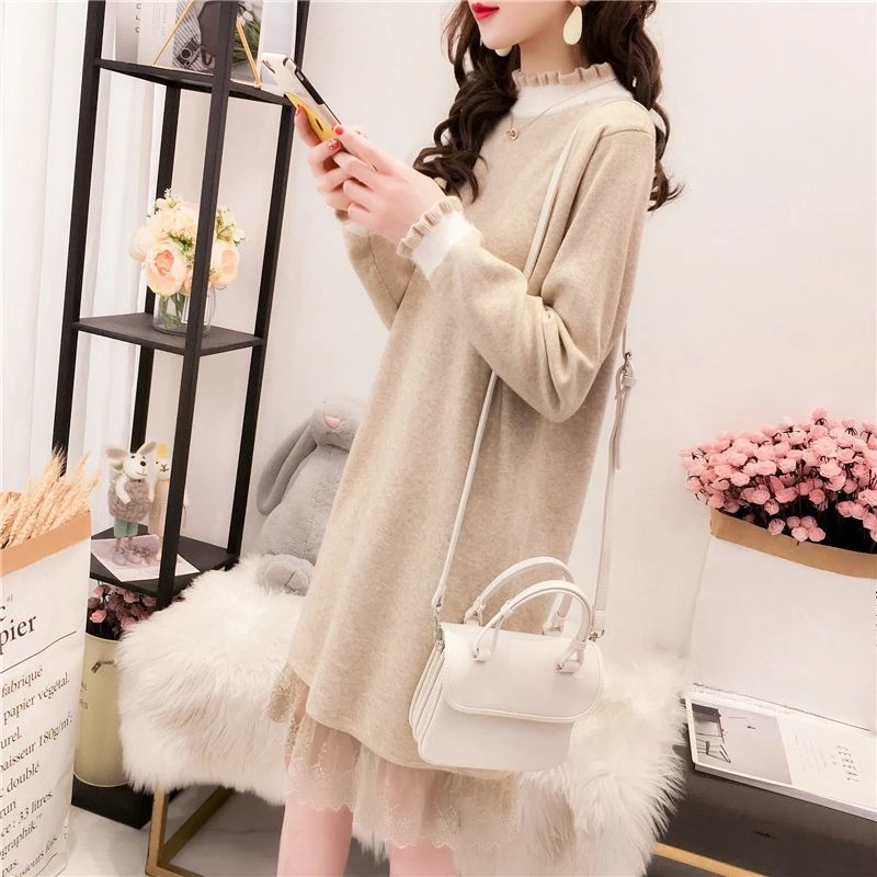 

Baggy Female Knit Dress Casual Splicing Colour Lace Long Sleeve One-piece Elastic Elegant and Beautiful Women's Crochet Dresses