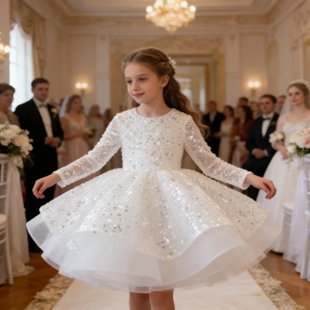 Kids Sequin Birthday Whiete Dress Clothes Flower Girl Tutu Model Piano Performance Costume Children Girls Host Princess Gown