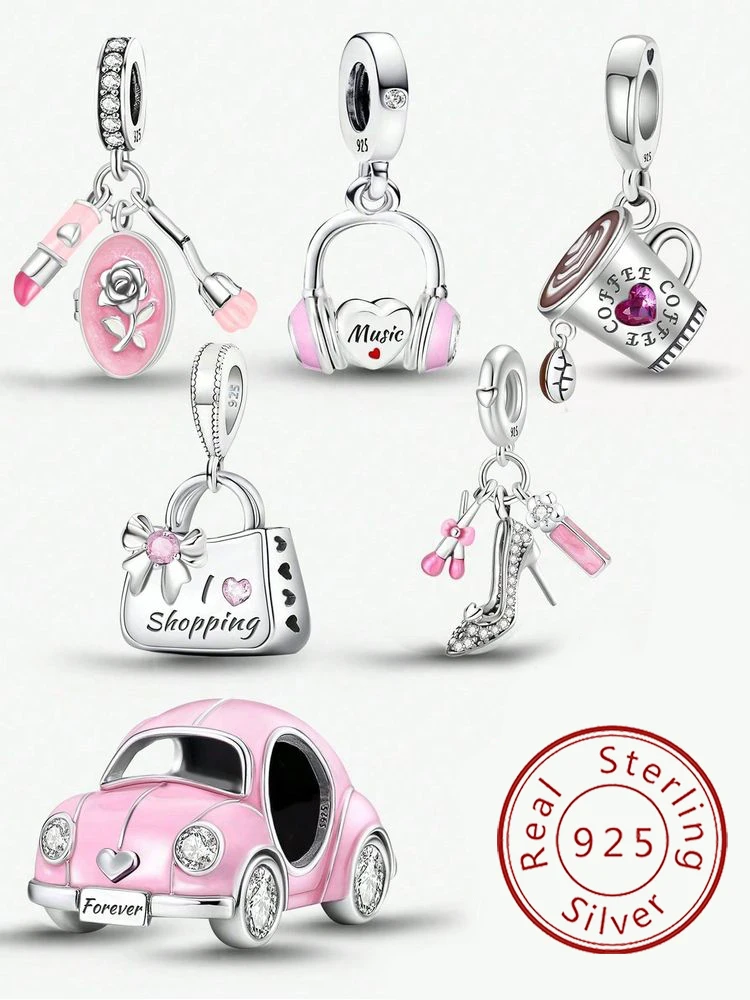 Abalorios de Plata de Ley 925 con Diseño de Tacones Altos Rosados y Café, Ideales para Hacer Pulseras y Collares, Regalo de Joyería Fina de Alta Calidad