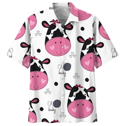 Chemise hawaïenne de vache de dessin animé pour hommes et femmes, chemisier de plage imprimé en 3D, revers animal, manches courtes, streetwear d'été, chemises à boutons
