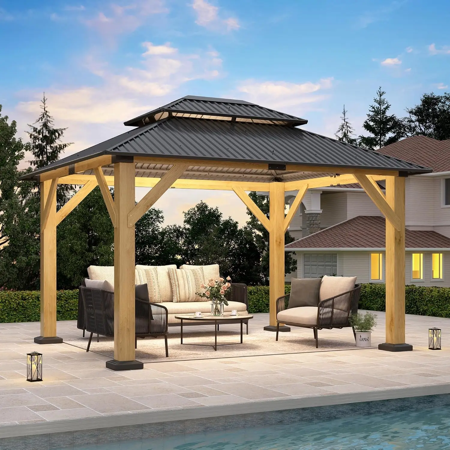 

10'x12' Wood Gazebo,Outdoor Cedar Wood Hardtop Gazebo with Galvanized Steel Double Roof, Wooden Frame Gazebos for, Custom