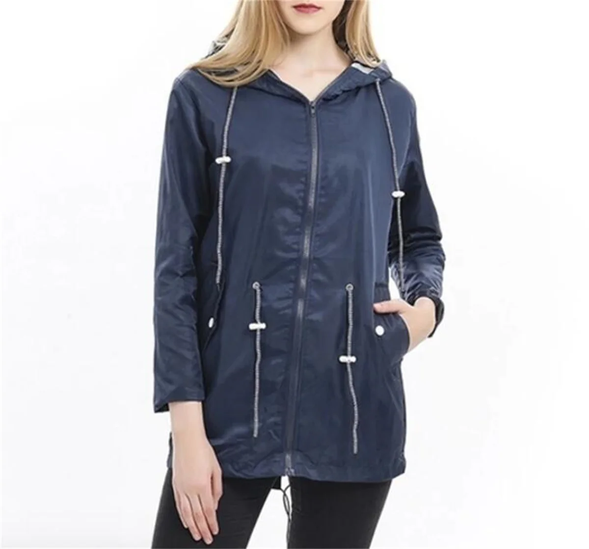 Women Fashion Hooded Drawstring Jackets All Season Waterproof Raincoat Climbing Jacket Solid Casual Loose Outdoor Trench Coat