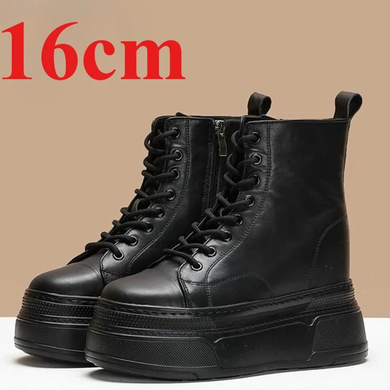 Genuine Leather High Heels 16cm White Elevator Boots Shoes for Women's Casual High Top Shoes Thick Soled Height Increasing Boots