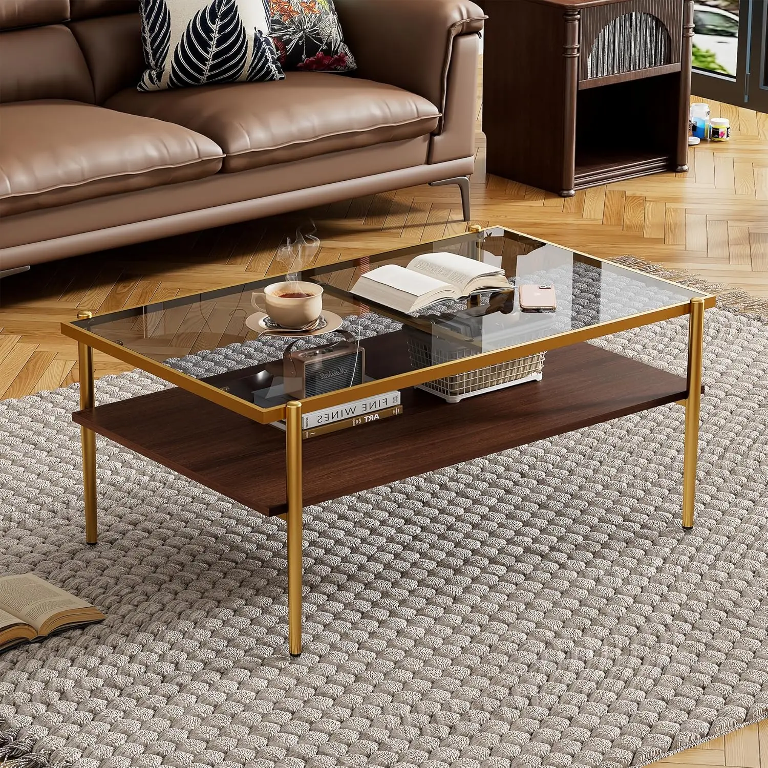 

Modern Coffee Table Rectangle Coffee Table with Tempered Glass Top with Wood Shelf for Home Living Room, Office,, Customized