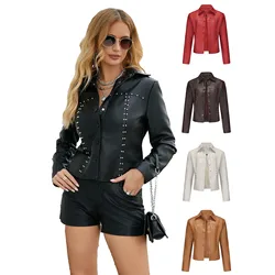 2024 Spring and Autumn New Stud Leather Jacket Cardigan Button Leather Jacket Women's Wear Coat Fashion Fashion Thin Jacket