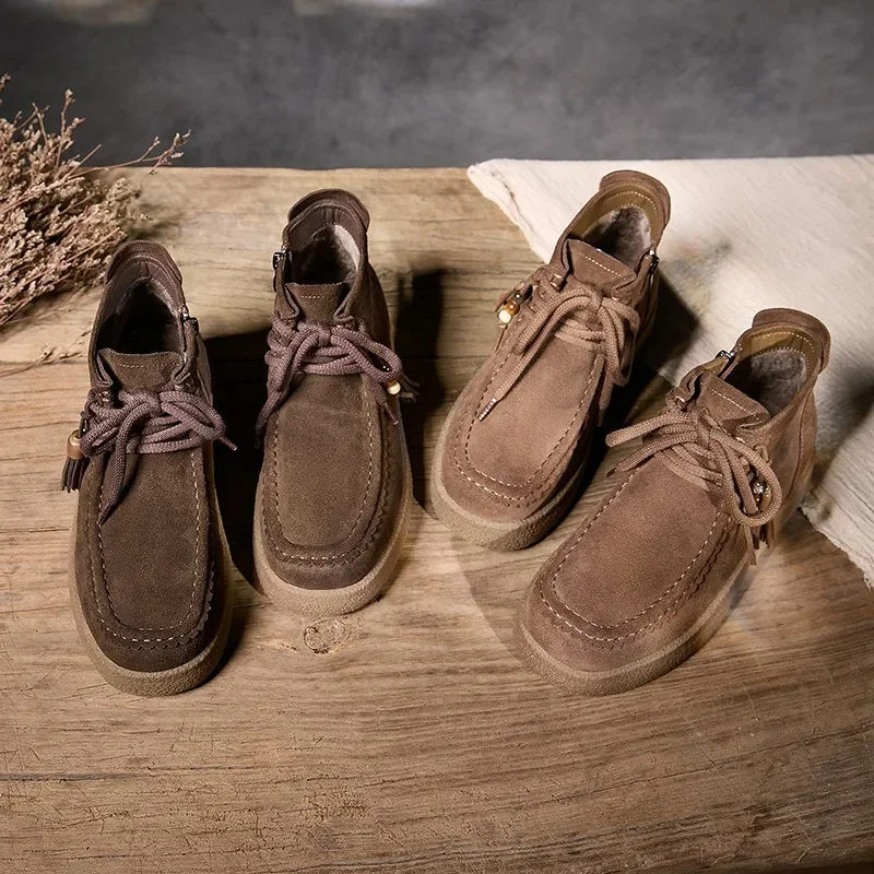 

Женские зимние ботинки Birkuir с бисером, пришитая осенняя обувь из натуральной кожи, плюшевые короткие ботинки ручной работы в стиле ретро, ботильоны на шнуровке