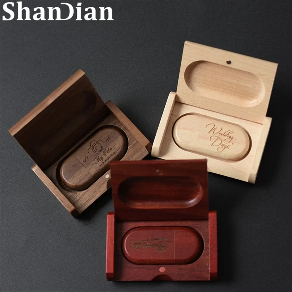 SHANDIAN 프리 커스텀 로고 나무 USB + 박스 펜 드라이브, USB 메모리, 웨딩 사진 선물, 4GB, 16GB, 32GB, 64GB, 128GB